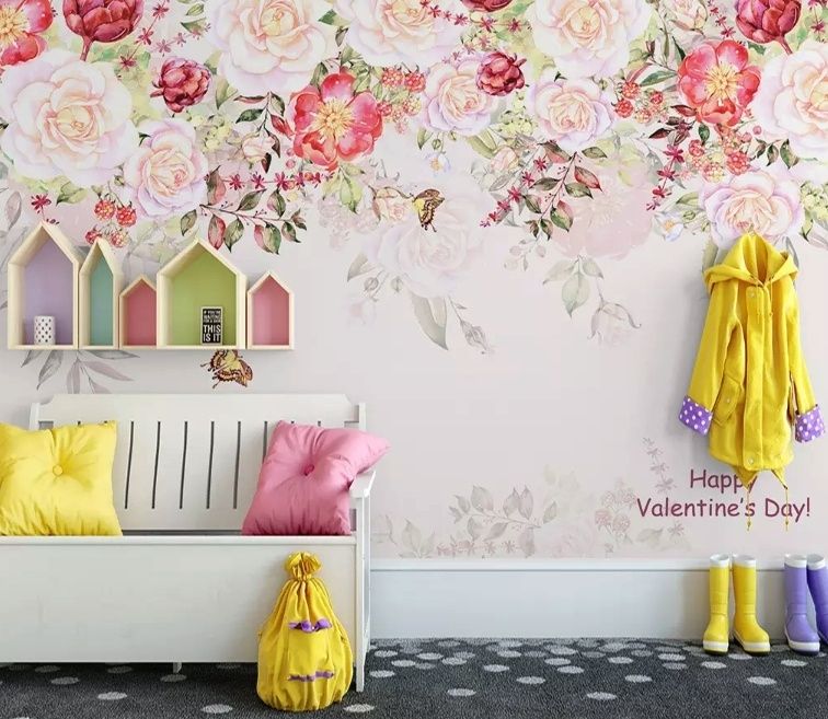 Pink Flowers and Butterflies Wallpaper Mural