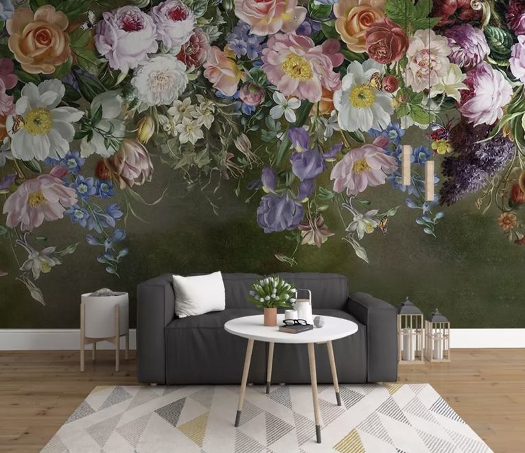 Vintage Colorful Vine Flowers Wallpaper Mural