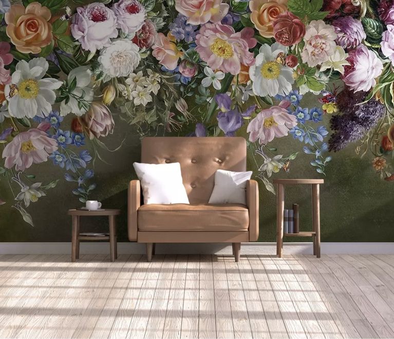 Vintage Colorful Vine Flowers Wallpaper Mural