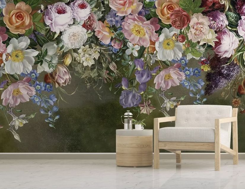 Vintage Colorful Vine Flowers Wallpaper Mural