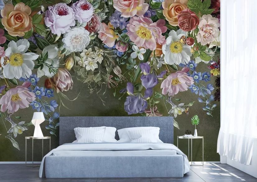 Vintage Colorful Vine Flowers Wallpaper Mural