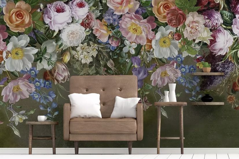 Vintage Colorful Vine Flowers Wallpaper Mural