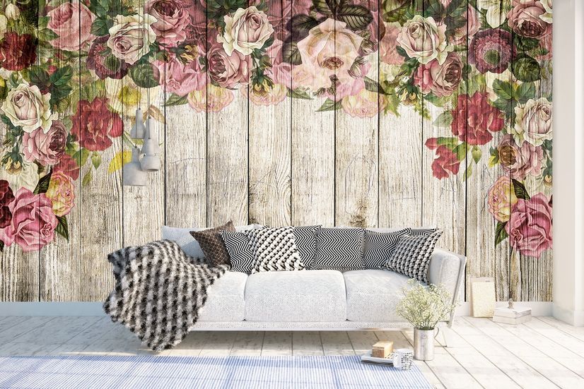 Vintage Floral with Wood Wall Wallpaper Mural