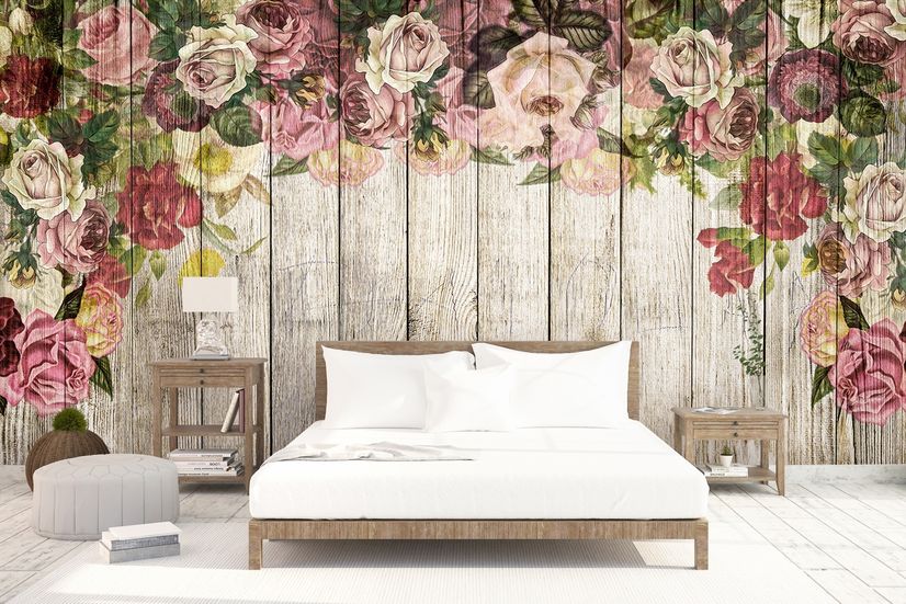 Vintage Floral with Wood Wall Wallpaper Mural