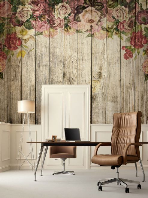 Vintage Floral with Wood Wall Wallpaper Mural