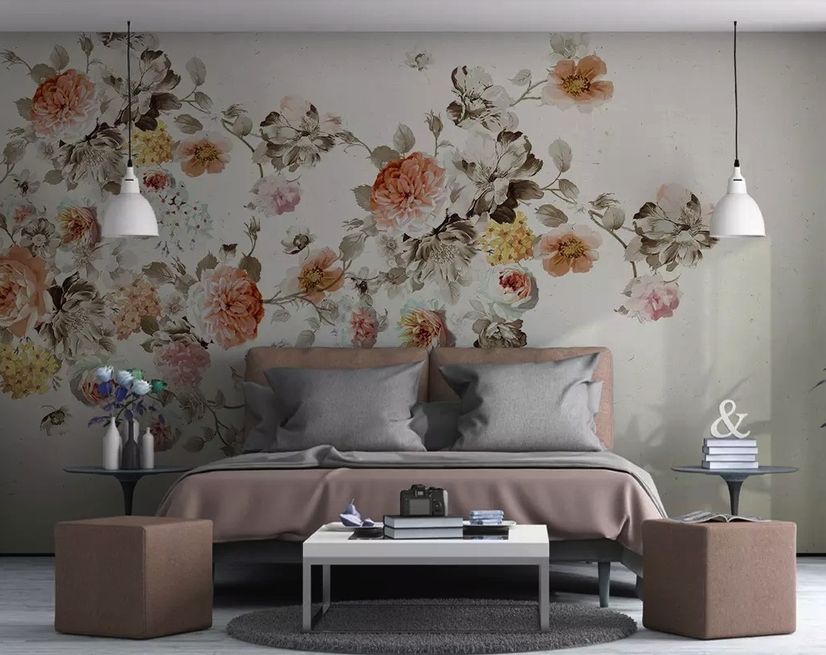 Vintage Orange Brown Flowers Wallpaper Mural
