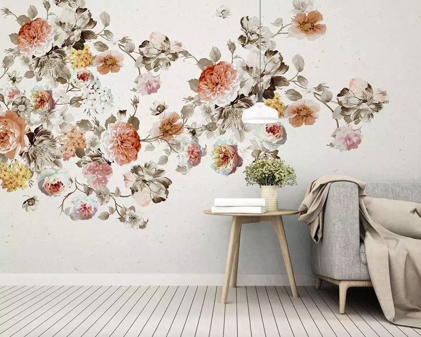 Vintage Orange Brown Flowers Wallpaper Mural