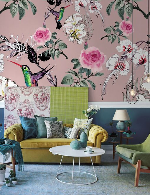 Vintage Pink Floral with Little Birds Wallpaper Mural