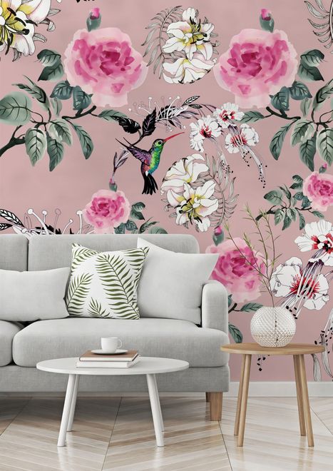 Vintage Pink Floral with Little Birds Wallpaper Mural