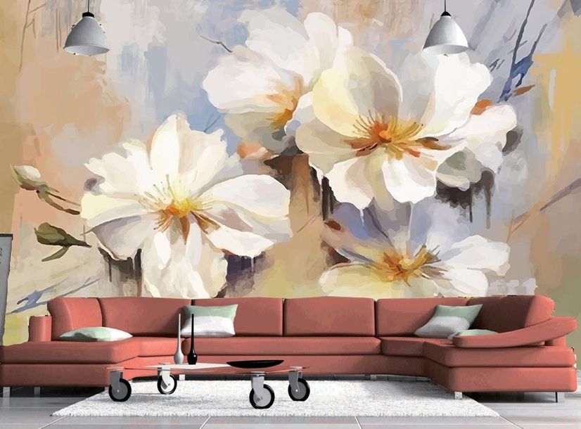 Oil Painting White Floral Wallpaper Mural
