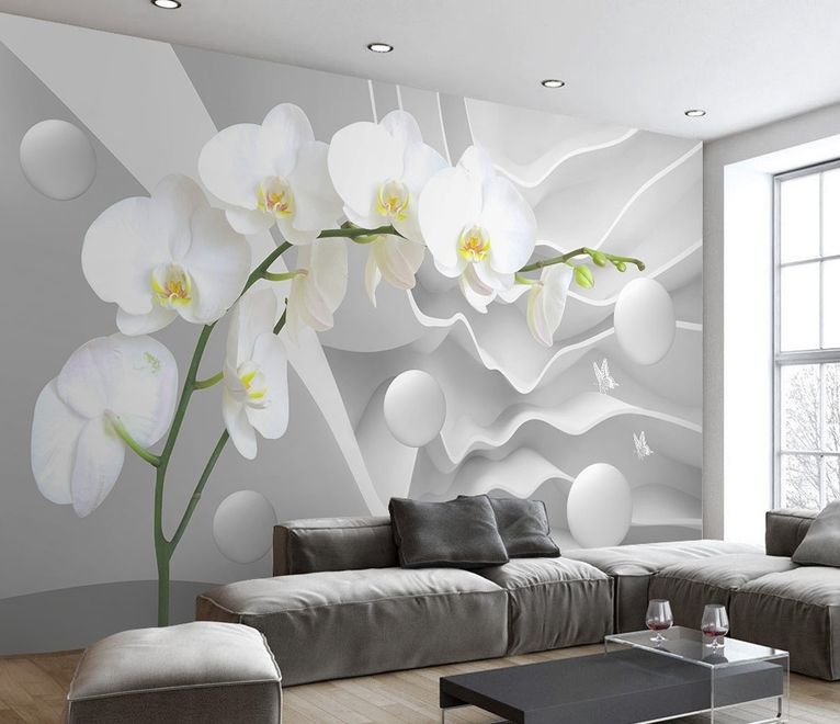 White Orchid Floral with Abstract Stripe Wallpaper Mural