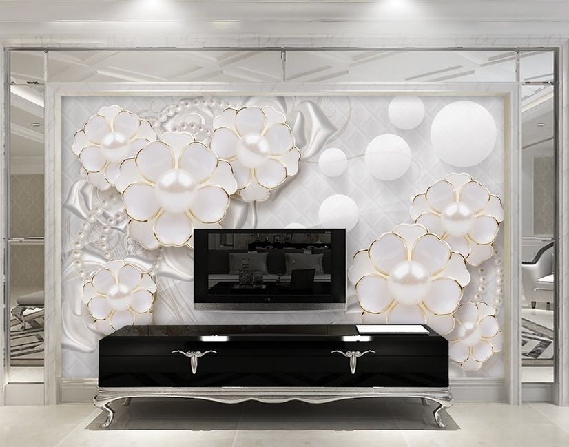 3D Look White Pearl Flower Wallpaper Mural