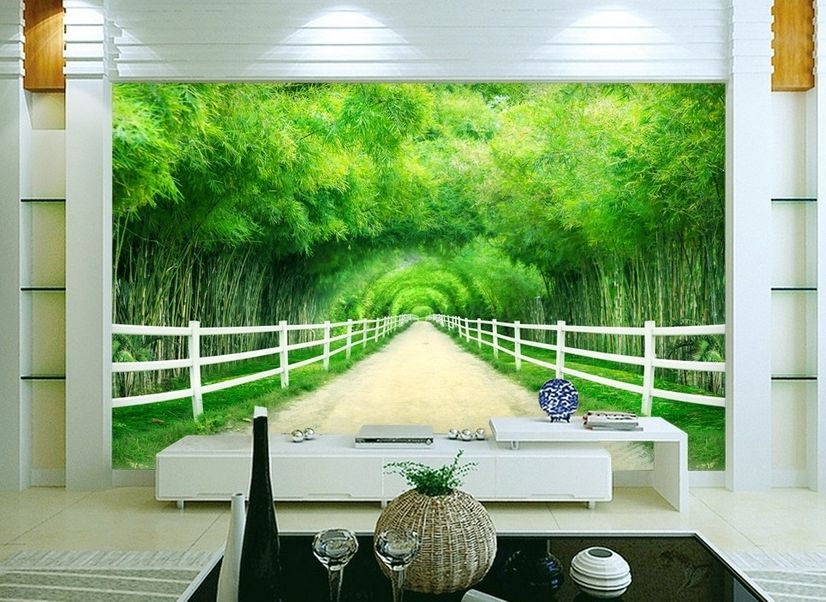 Green Bamboo Forest Trail Vertical Wallpaper Mural, Custom Sizes Available