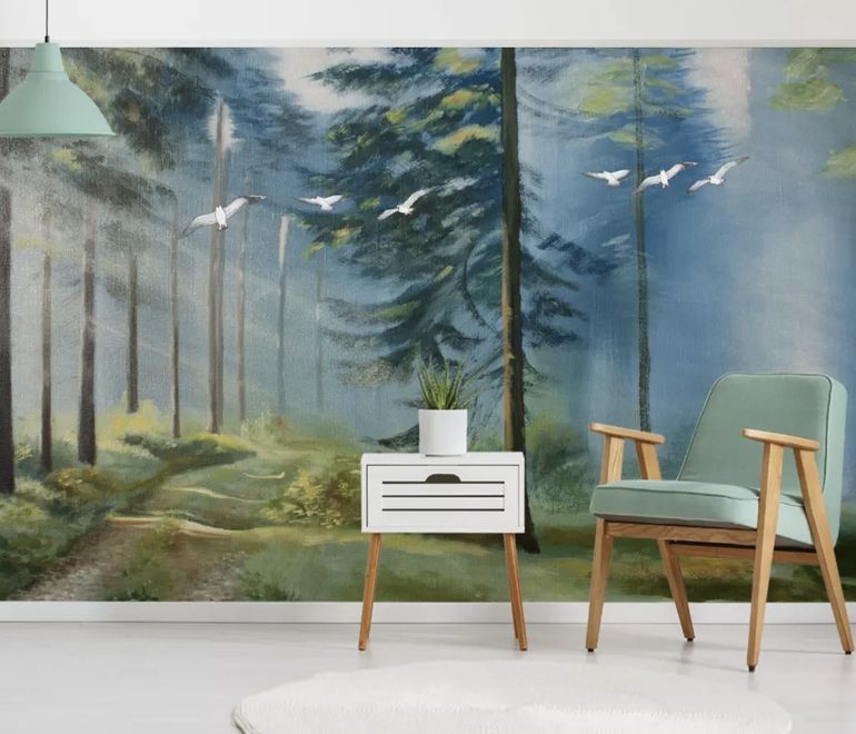 Watercolor Painting Misty Forestscape Wallpaper Mural