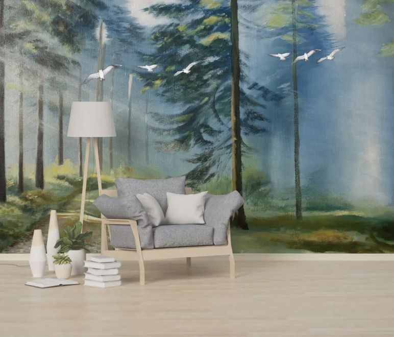 Watercolor Painting Misty Forestscape Wallpaper Mural