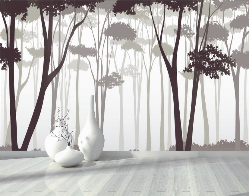 Monochrome Brown Forest and Tree Silhouette Wallpaper Mural