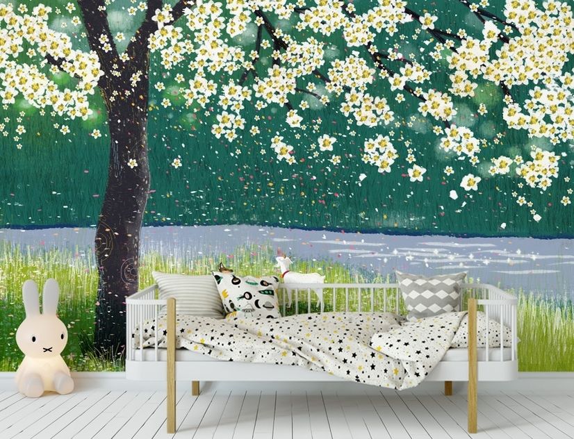 Watercolor Forest with Peach Blossom Wallpaper Mural