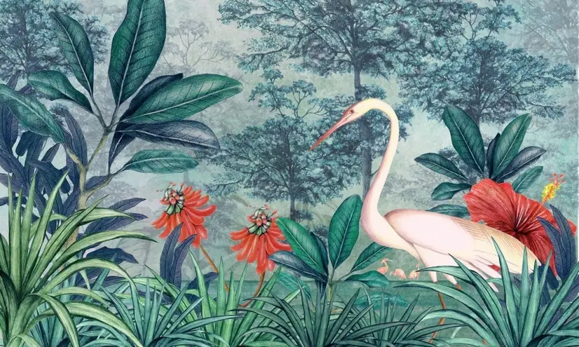 Watercolor Painting Forest and Storks Wallpaper Mural