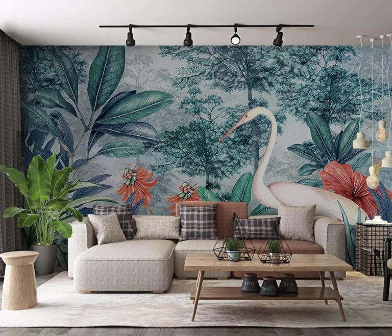 Watercolor Painting Forest and Storks Wallpaper Mural