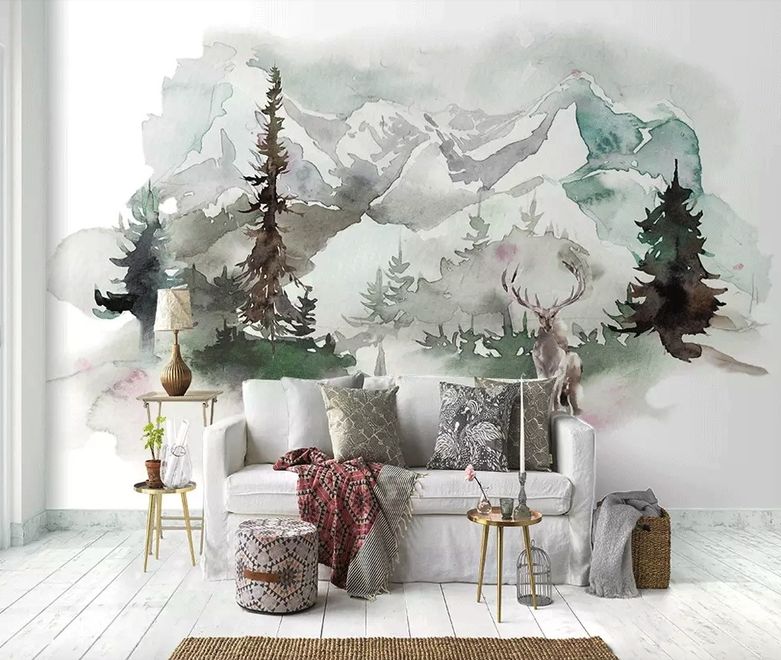 Winter Forest and Horned Deer Wallpaper Mural