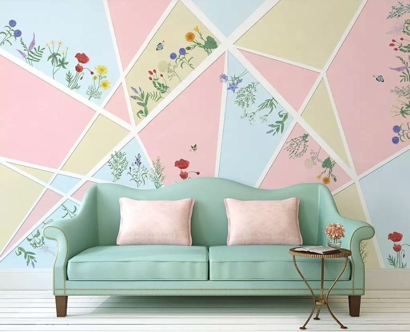 Flowery with Geometric Shapes Wallpaper Mural