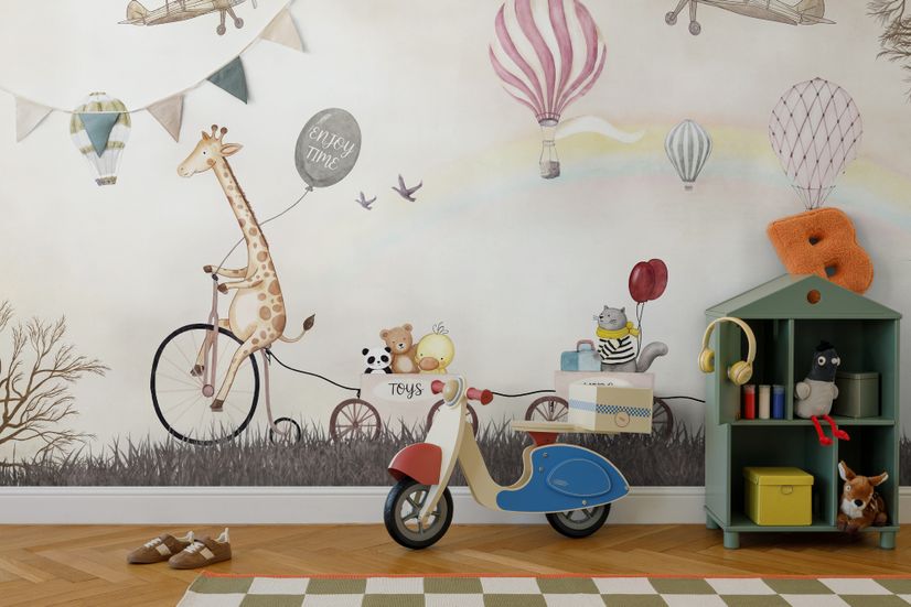 Vintage Hot Air Balloon and Rainbow Wallpaper Mural