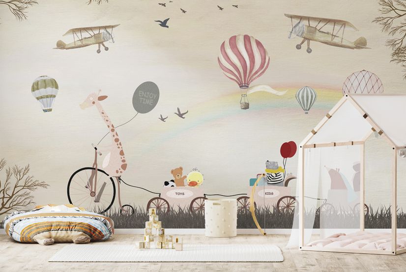 Vintage Hot Air Balloon and Rainbow Wallpaper Mural