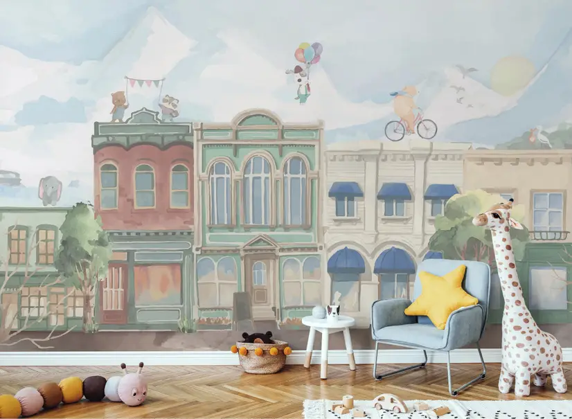 Kids Village Drawing with Cartoon Animals Wallpaper Mural