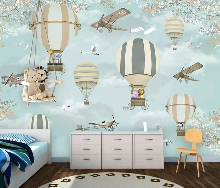Hot Air Balloon with Animals Wallpaper Mural