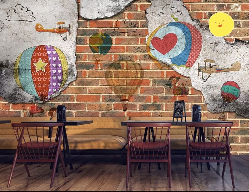 Hot Air Balloon with Young People on Brick Wallpaper Mural