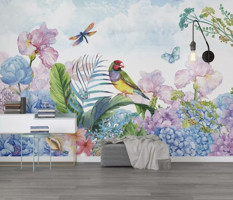 Hydrangea and Peony with Parrot Wallpaper Mural