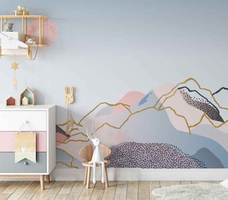 Colorful Mountain with Pink Sun Wallpaper Mural