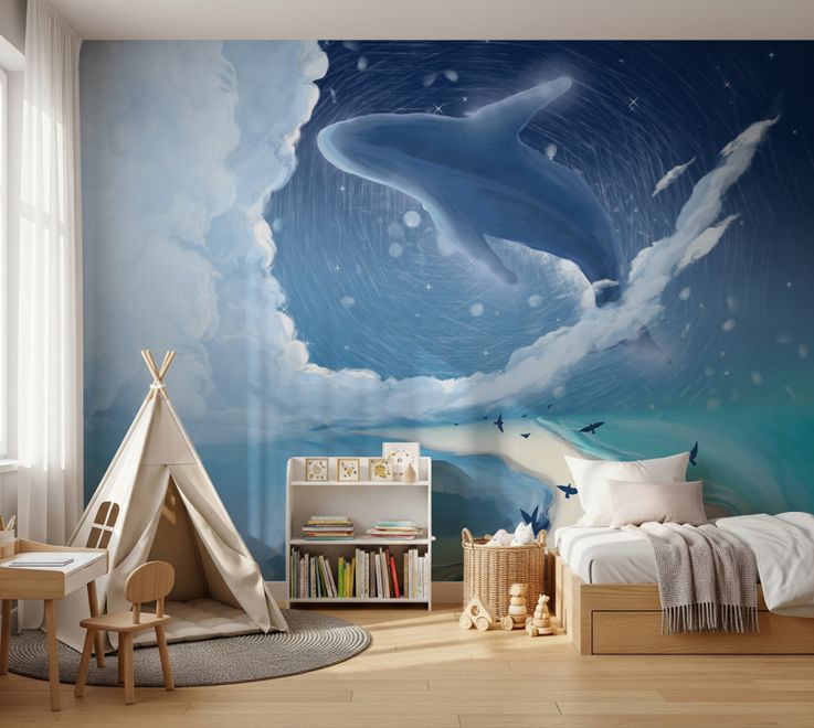 Cartoon Whale with Nightscape Wallpaper Mural