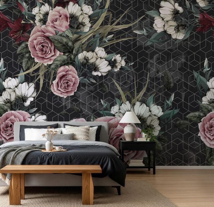 Colorful Floral with Dark Geometric Pattern Wallpaper Mural
