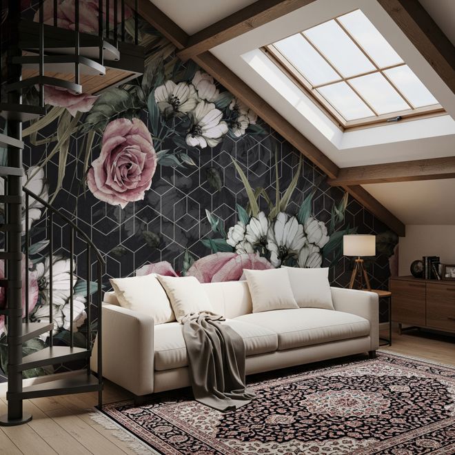 Colorful Floral with Dark Geometric Pattern Wallpaper Mural
