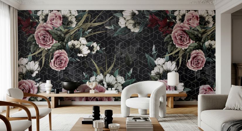 Colorful Floral with Dark Geometric Pattern Wallpaper Mural