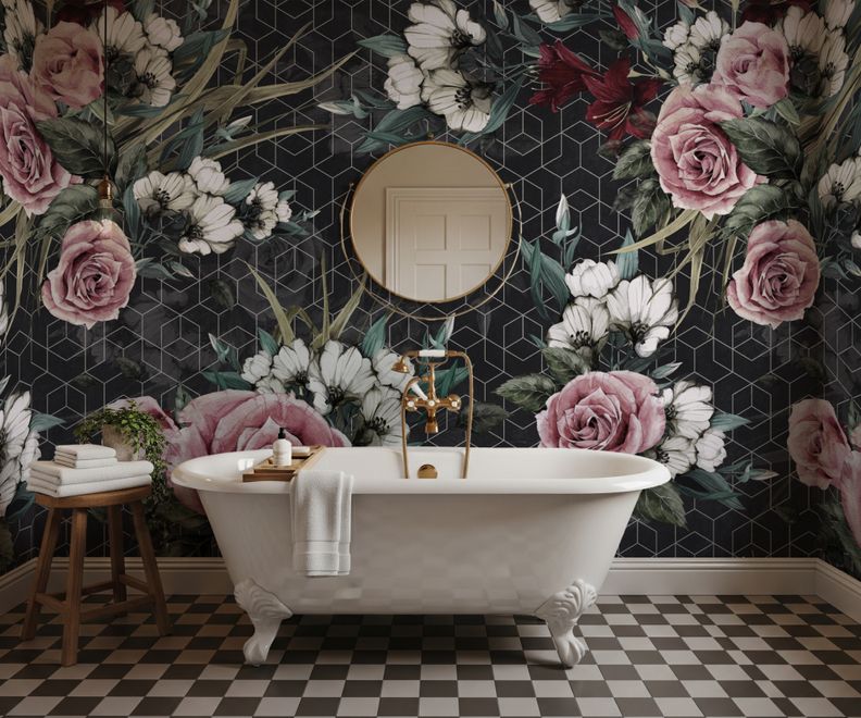 Colorful Floral with Dark Geometric Pattern Wallpaper Mural