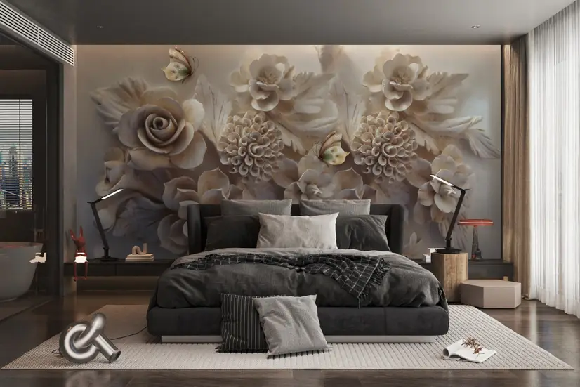 3D Look Faux Embossed Floral Wallpaper Mural