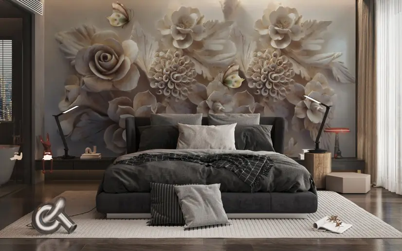 3D Look Faux Embossed Floral Wallpaper Mural