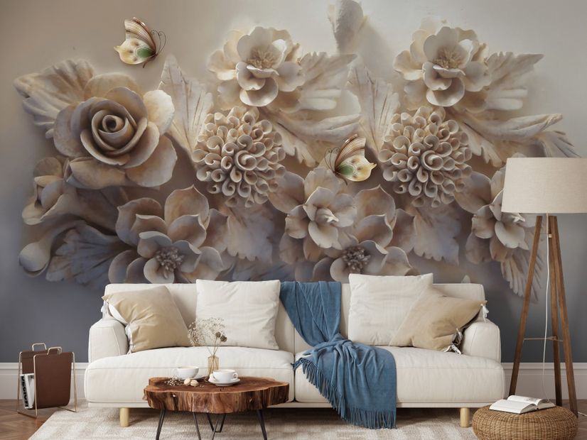 3D Look Faux Embossed Floral Wallpaper Mural