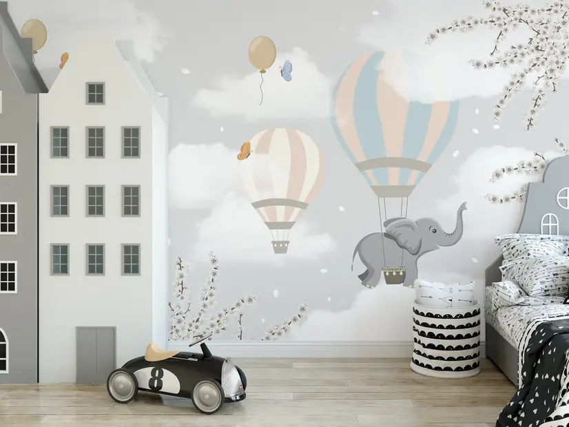 Simple Modern Mountains With Hot Balloons Nursery Wallpaper Wall