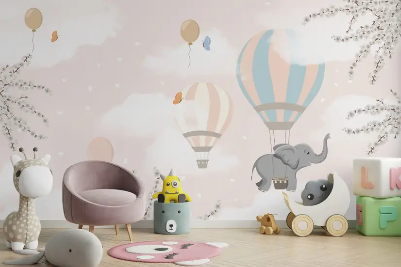 Kids Hot Air Balloons with Elephant Wallpaper Mural