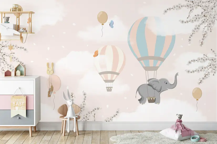 Kids Hot Air Balloons with Elephant Wallpaper Mural