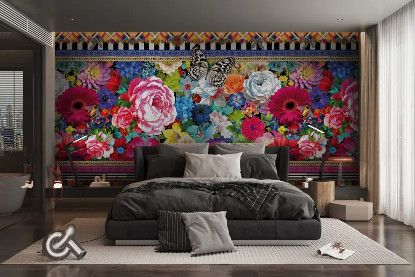 Bohemian Floral Wallpaper with Peony Dianthus Violet Wallpaper Mural