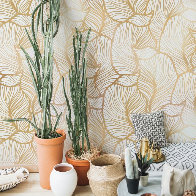 Golden Look Stylish Leaf  Line Art Wallpaper Mural