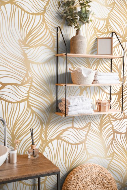 Golden Look Stylish Leaf Line Art Wallpaper Mural • Wallmur®