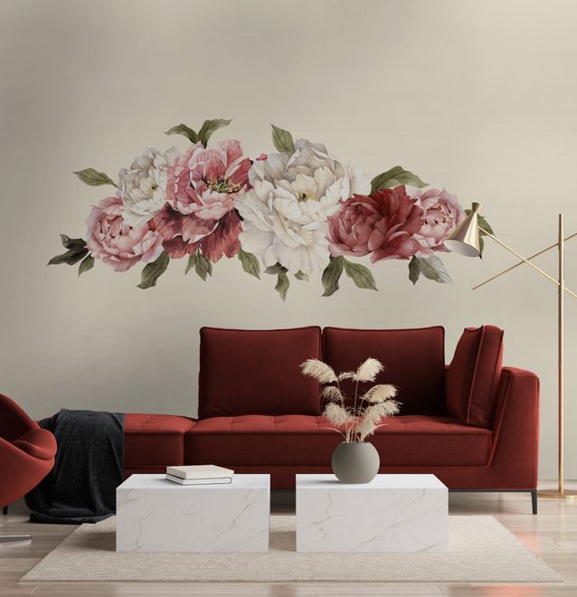 Soft Red Peony Floral Wall Decal Sticker