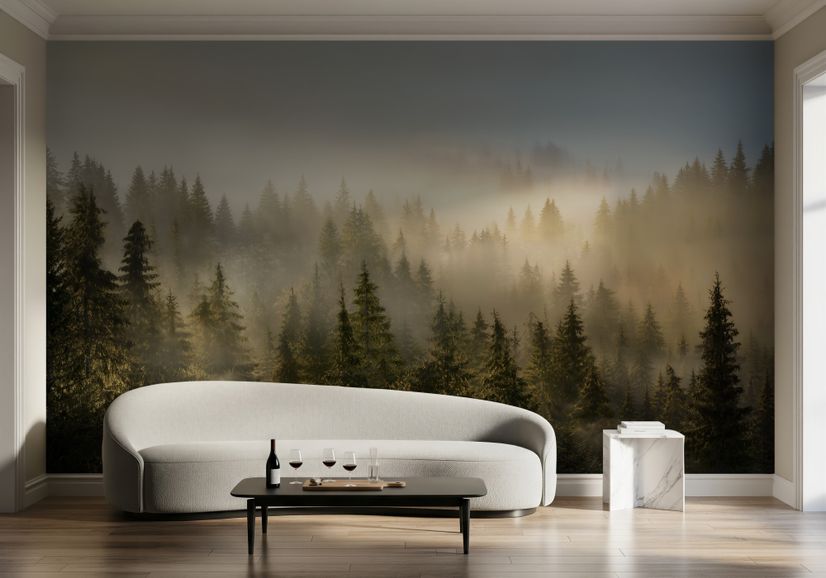 Papier peint panoramique de la forêt de pins brumeuse