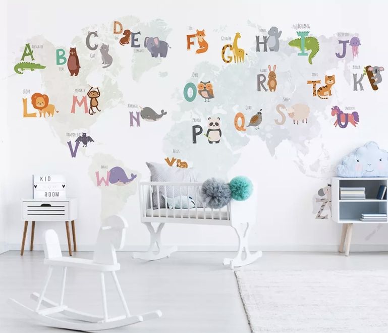 Kids Alphabet World Map with Cartoon Animals Wallpaper Mural