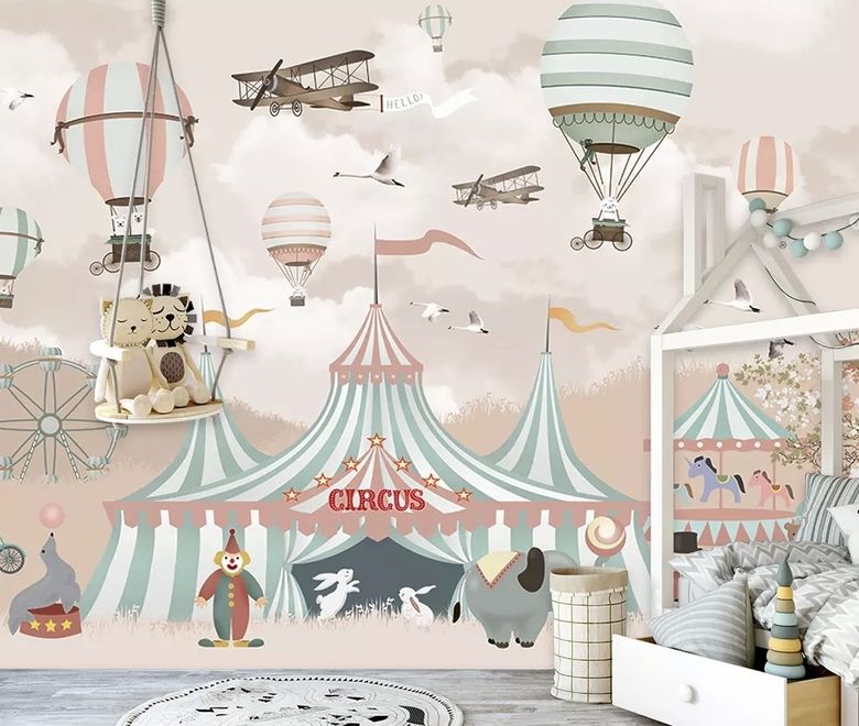 Kids Cartoon Circus with Hot Air Balloon Wallpaper Mural
